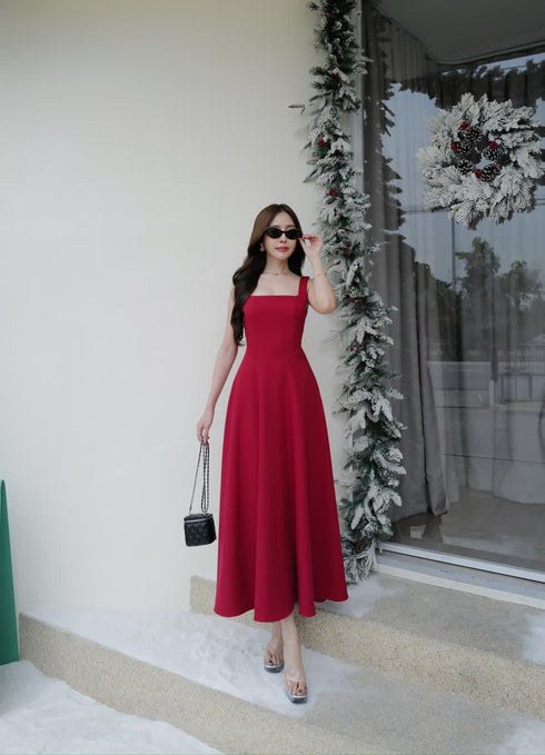 Sleeveless Square Deep Neckline A-Line Dress